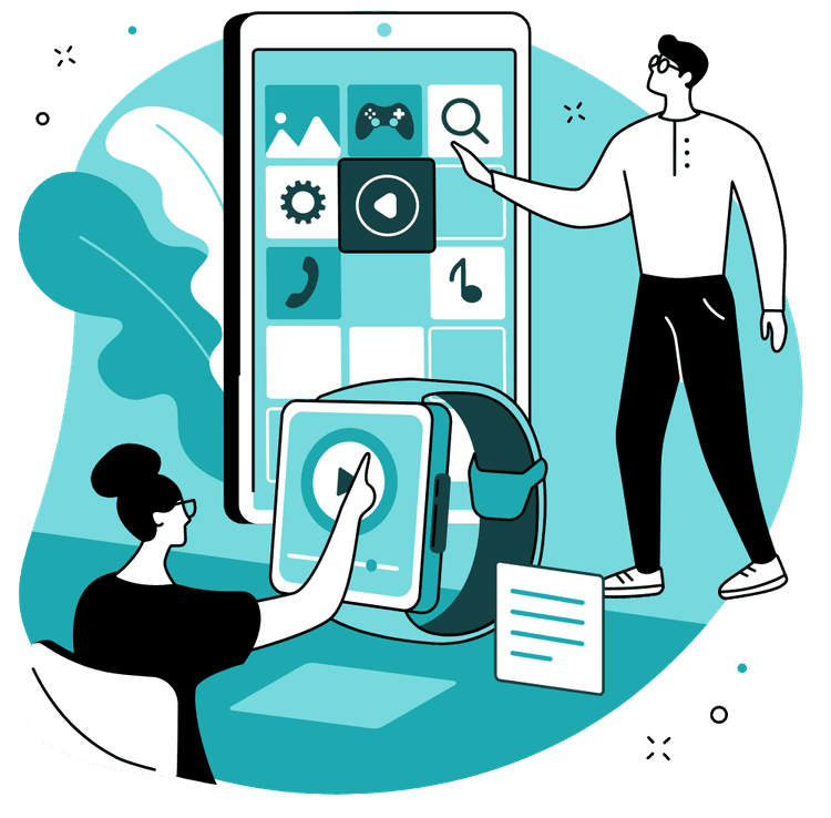 People interact with large smartphone, symbolizing Tiyani Mabasa' mobile app development services in South Africa. Shows app icons, features like images, games, search, settings.