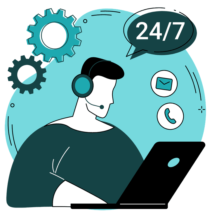 Customer support representative providing 24/7 assistance, surrounded by communication icons and gears, symbolizing Mikateko’s continuous and efficient service in Cloud Migration and DevOps.